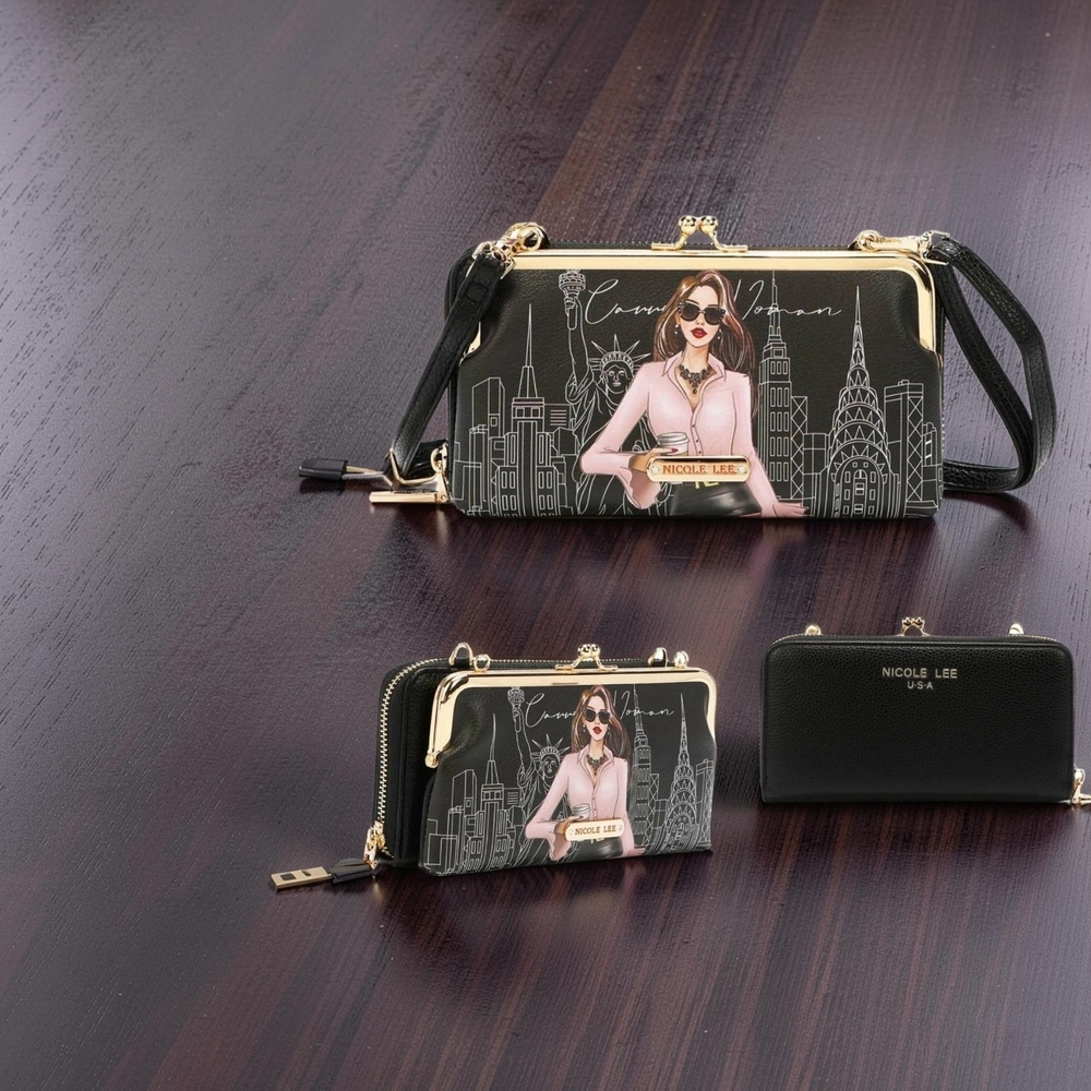 NWOT Nicole Lee Signature Kiss Lock Crossbody Wallet Career woman black